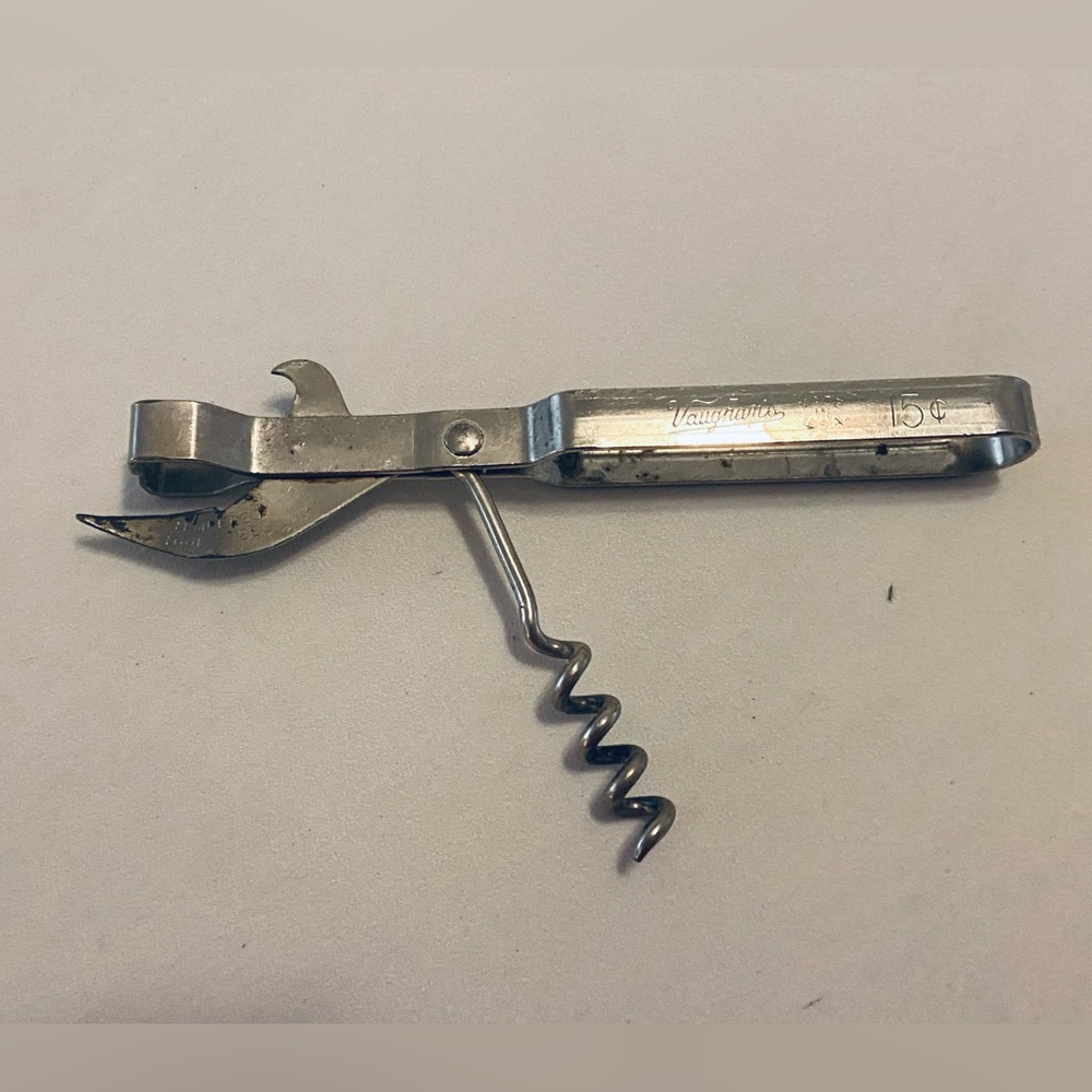 Vintage Vaughan’s Stainless Steel Corkscrew, Bar Tool. Signs of age.